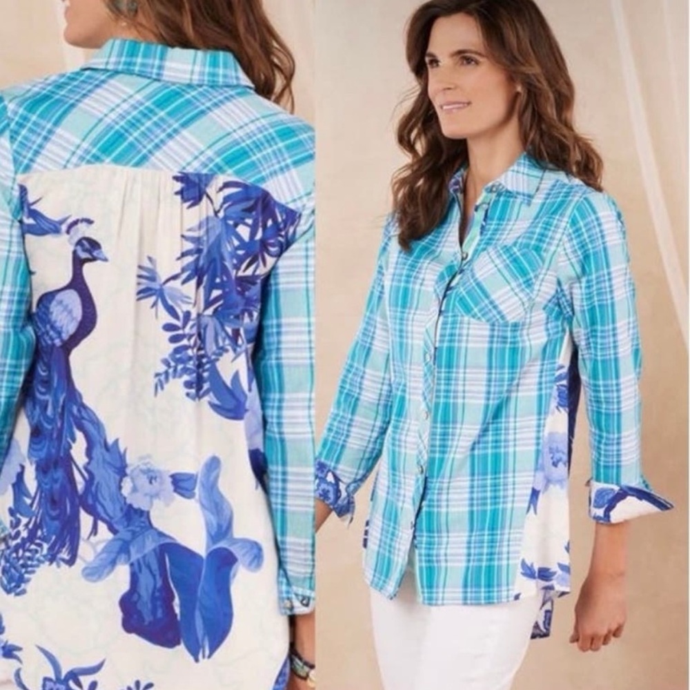 Soft Surroundings Plaid Button Front Flannel Mixed Media Top Peacock Sz M Petite